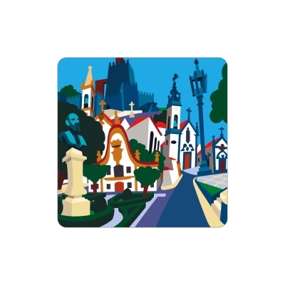 Ilustração colorida de edifícios históricos com busto em pedestal e árvores