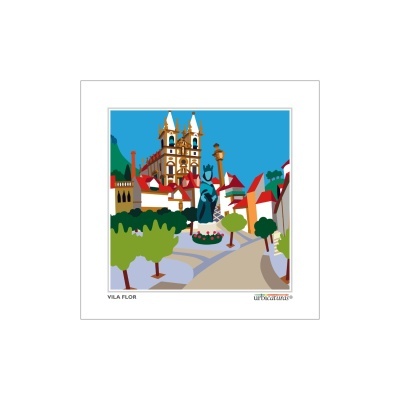 Ilustração colorida de Vila Flor com igreja, estátua, árvores e casas.