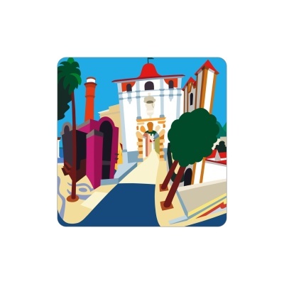 Ilustração colorida de arquitetura com torre branca, árvores e caminho azul