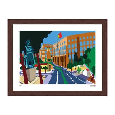 Quadro emoldurado com arte gráfica de estátua, estrada, árvores e edifício com bandeira de Portugal