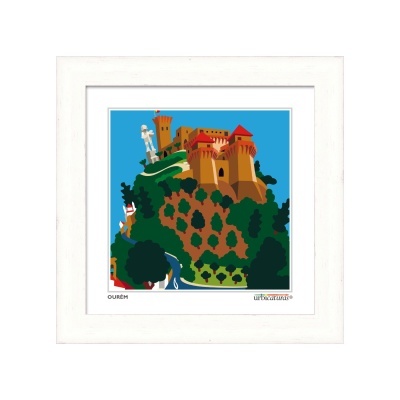 Quadro decorativo com ilustração de castelo em colina com árvores, moldura branca