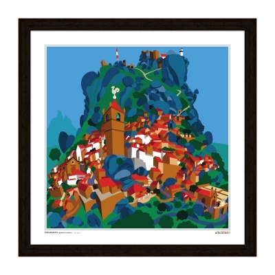 Impressão artística colorida de uma vila com telhados vermelhos e montanhas verdes, emoldurada