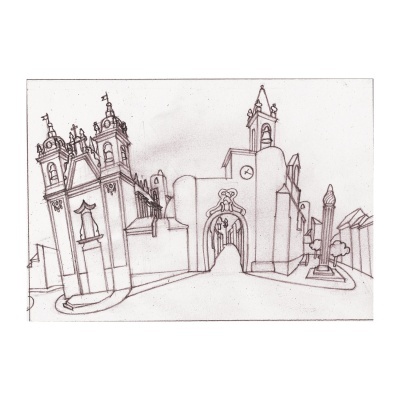 Desenho a lápis de edifícios históricos com torres e arco central