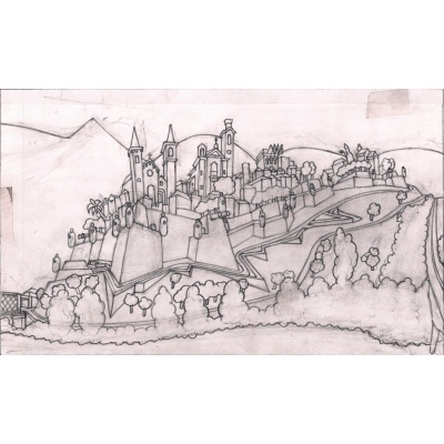 Desenho a lápis de vila murada antiga com igrejas e árvores