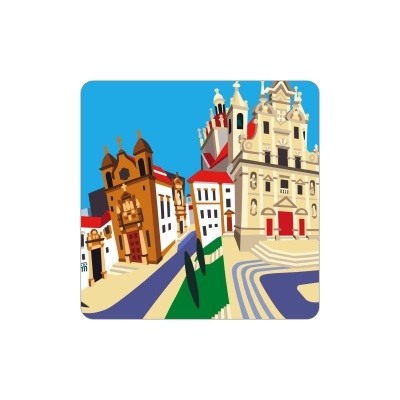 Ilustração colorida de edifícios históricos e céu azul