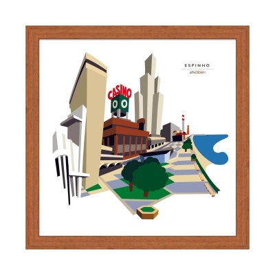 Ilustração digital colorida com prédio de casino e edifícios altos em moldura de madeira