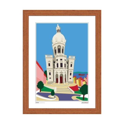 Ilustração colorida de edifício histórico com cúpula emoldurada por madeira