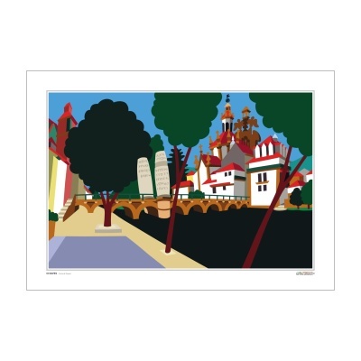 Ilustração de paisagem urbana com ponte, árvores e edifícios coloridos