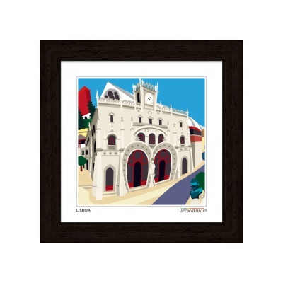 Ilustração do Museu Nacional dos Coches em Lisboa em quadro com moldura escura.