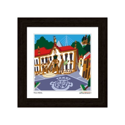 Ilustração colorida da Vila Real em moldura castanha.