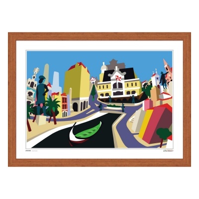 Ilustração colorida de canal com barco e edifícios emoldurada