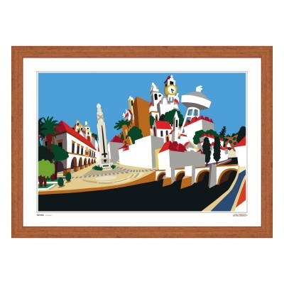 Gravura emoldurada de paisagem urbana colorida com monumento, edifícios brancos e telhados vermelhos