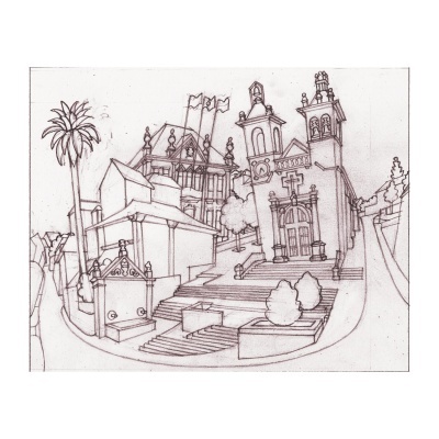 Desenho preto e branco de edifício histórico com escadaria e palmeira