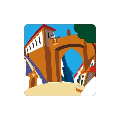 Ilustração colorida de arquitetura com arco e edifícios