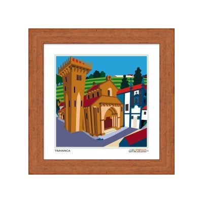 Ilustração artística de edifícios históricos em quadro com moldura de madeira