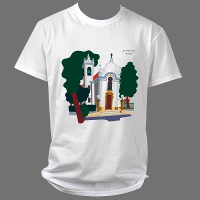 Camiseta branca com estampa de igreja e árvores