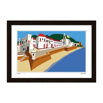 Quadro ilustrativo da Fortaleza de Santa Cruz em Ilhabela, com moldura preta