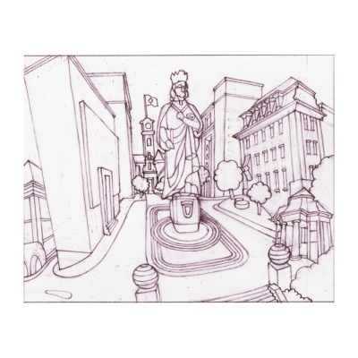 Desenho a tinta de estátua com coroa em praça rodeada por edifícios e árvores