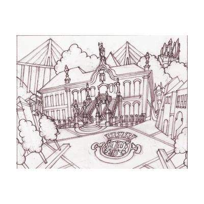 Desenho a lápis de edifício clássico com escadas e brasão com texto POUFEI