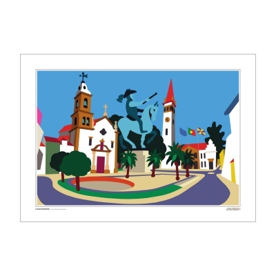 Ilustração colorida de praça com estátua e edifícios