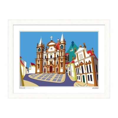 Arte gráfica colorida de edifício histórico com céu azul em moldura branca