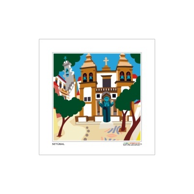 Ilustração colorida da igreja de Setúbal com árvores e figura vestida de azul