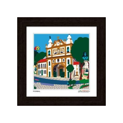 Quadro ilustrado de edifício histórico com moldura escura e texto POMBAL e urbacouture