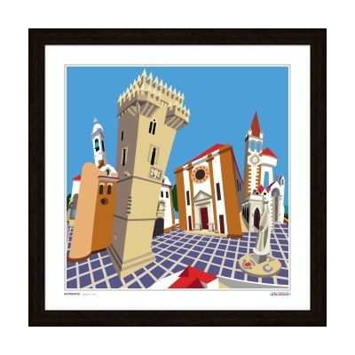 Quadro com ilustração colorida de edifícios históricos e torre