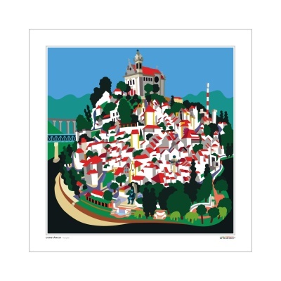 Ilustração colorida de uma cidade com casas vermelhas sobre colina e texto CONHEÇA