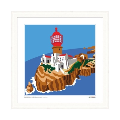 Desenho de farol vermelho e branco numa falésia junto ao mar