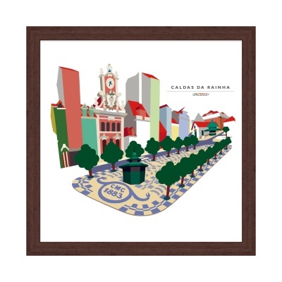 Ilustração colorida da praça urbana Caldas da Rainha com edifícios, árvores e mosaico no chão