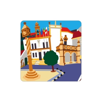 Íman quadrado colorido com imagem de edifícios brancos, coluna laranja, árvore verde, bandeiras e céu azul