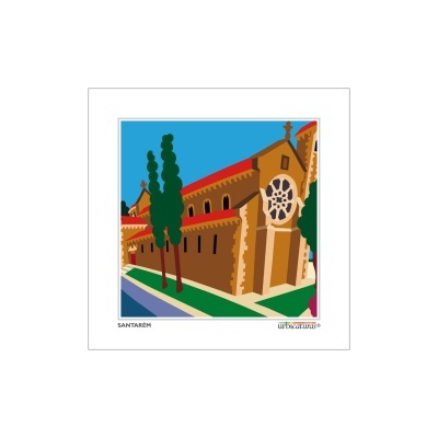 Ilustração digital da igreja de Santarém com catedral, árvores e céu azul