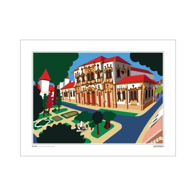 ilustração colorida de edifício histórico com jardim e árvores