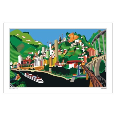 Ilustração colorida de cidade ribeirinha com colinas, pontes e barcos no rio