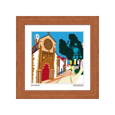 Ilustração colorida de igreja e estátua em moldura de madeira