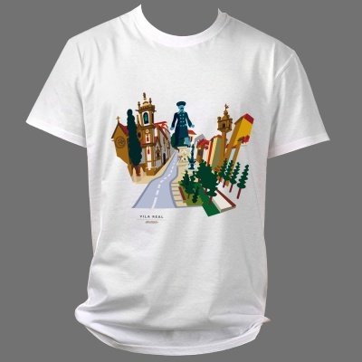 Camiseta branca com ilustração colorida de uma cidade e texto 'VILA REAL PORTUGAL'