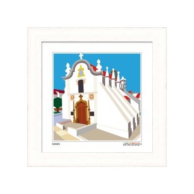 Quadro branco com ilustração de edifício religioso branco com portas castanhas e telhado vermelho