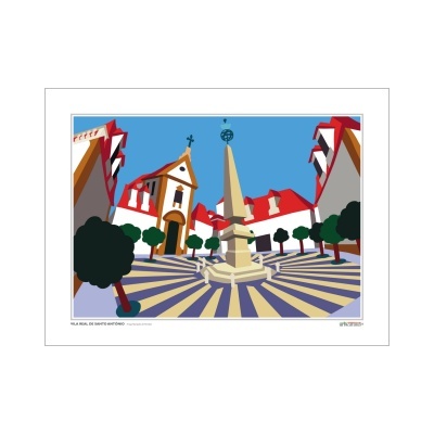 Ilustração da praça central de Vila Real de Santo António com obelisco e capela