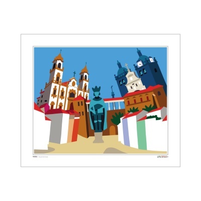 Ilustração colorida de estátua azul e edifícios históricos com torres e cúpulas