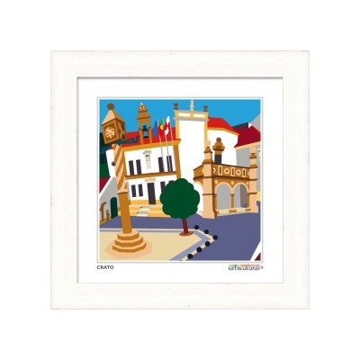 Ilustração gráfica de praça com obelisco, árvores e edifícios coloridos emoldurada