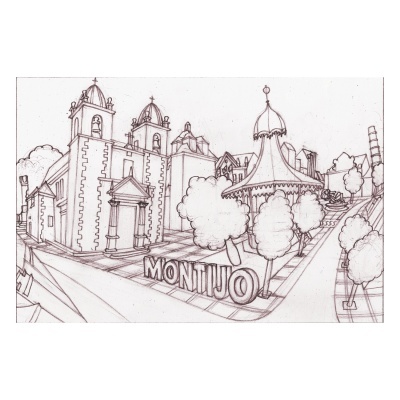 Desenho a lápis de edifício histórico e toldo com texto Montijo