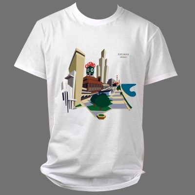 T-shirt branca com estampa gráfica urbana colorida e texto ESPINHO