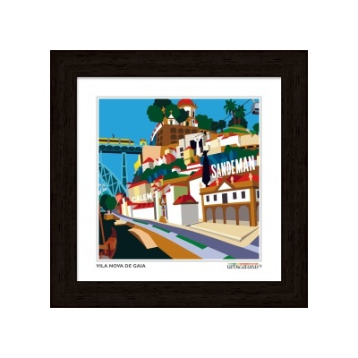 Ilustração colorida de Vila Nova de Gaia com construção e letreiros CALÉM e SANDEMAN