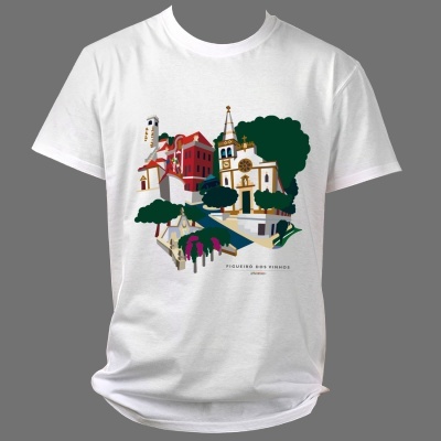 T-shirt branca com estampa de paisagem urbana colorida e texto FIGUEIRÓ DOS VINHOS