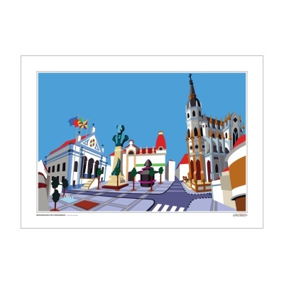 Ilustração de praça com edifícios históricos e estátua sob céu azul