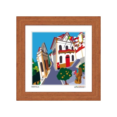 Quadro com ilustração colorida de rua em Mértola com edifícios e árvores.