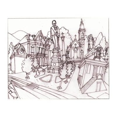 Desenho a linha de cenário urbano com estátuas, árvores, edifícios e igreja