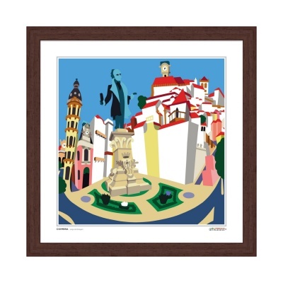 Ilustração colorida de praça urbana com monumento, estátua e edifícios brancos e vermelhos.