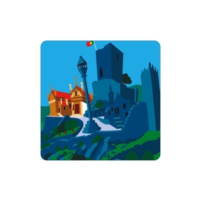 Ilustração colorida de castelo e capela com bandeira portuguesa